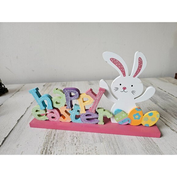 Happy Easter Bunny rabbit sign decor glitter sparkle pastel - Picture 1 of 9